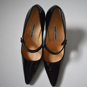 Manolo Blahnik Campari Mary Jane Black Patent Leather Pointed Toe Pumps Sz 8/39